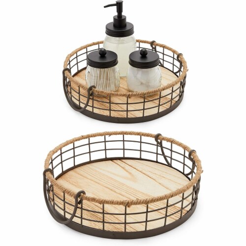 Round Wooden Wire Basket Trays with Handles, Farmhouse Decor (2 Sizes