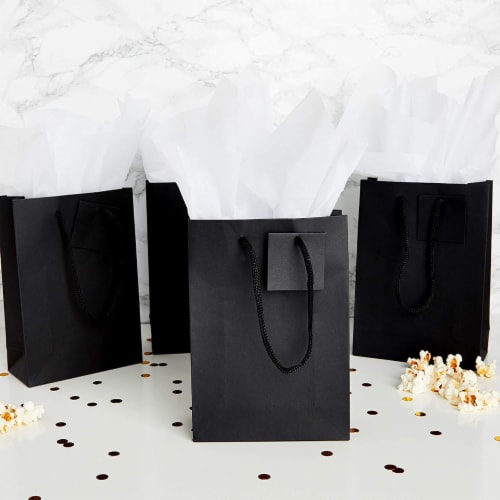 Black Paper Gift Bags with Handles, Tags, Tissue Paper (8 x 5.5 In