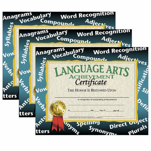 Hayes Publishing Certificate 8.5  x 11  Language Arts Achievement 30 Per Pack 3 Packs Perspective: front