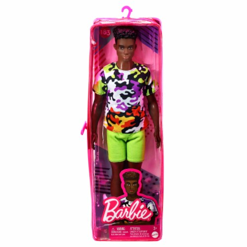 Barbie Ken Fashionistas Doll, Broad, Black Curly Hair, Multi-Colored Camo Print Shirt Perspective: front