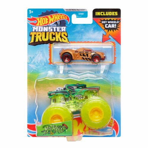 Hot Wheels Monster Trucks 1:64 Scale Hotweiler Green, Includes Hot Wheels Die Cast Car Perspective: front