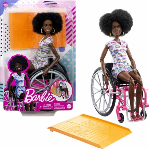 Mattel Barbie Fashionista Wheelchair with Wheelchair Ramp Curly Brown Hair Romper C 1 Mariano s