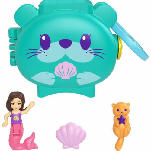 Polly Pocket Pet Connects Otter Stackable Compact Playset w/ Mermaid Doll and Otter Figure Perspective: front
