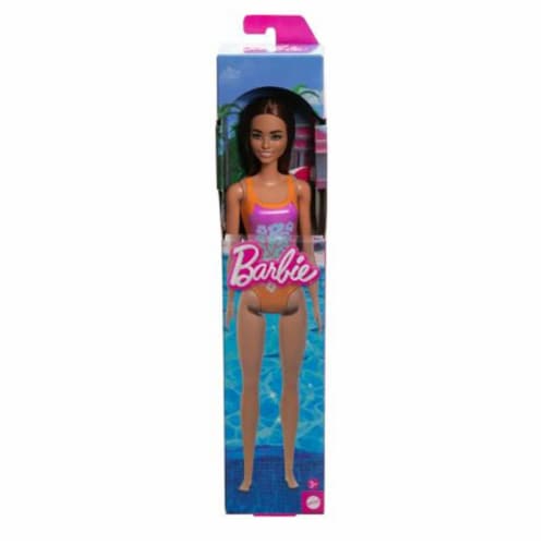 Mattel Barbie® Brunette Tropical Pink and Orange Swimsuit Beach Doll Perspective: front