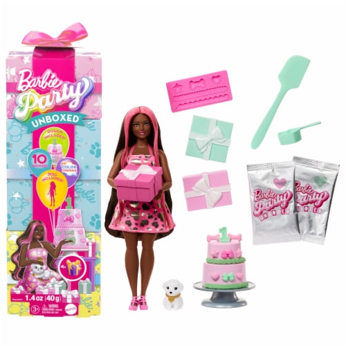 Barbie Party Unboxed Pet Birthday Series Doll & Accessories, Shimmerin' Hearts Set with 10 Surprises