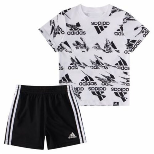 adidas 2 Piece Printed Cotton Tee And Short Set Black White 24