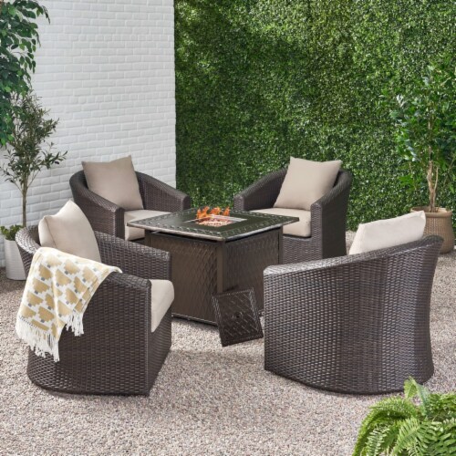 Dillard Outdoor 4 Seater Wicker Swivel Chair and Fire Pit Set mixed