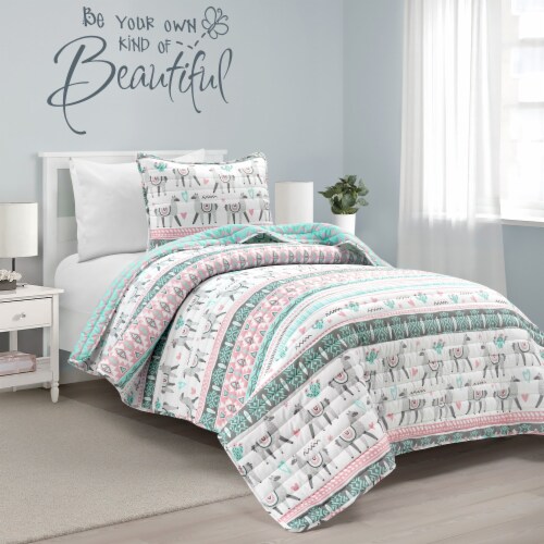 Boho Llama Reversible Oversized Quilt Pink Aqua 2Pc Set Twin 1