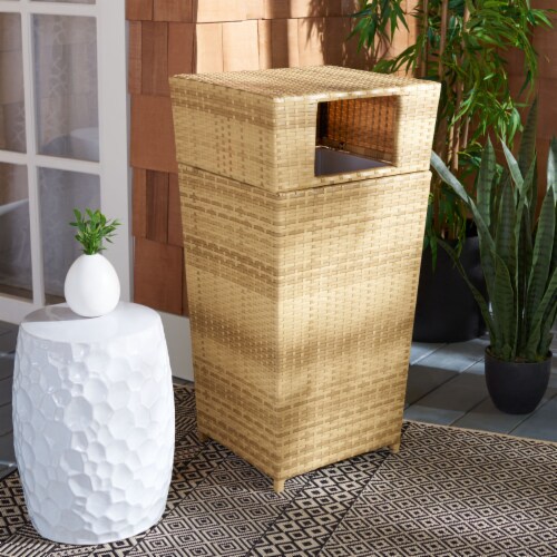SAFAVIEH Outdoor Collection Mazeli Trash Bin Natural Perspective: front