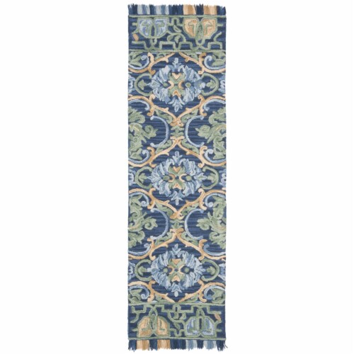 SAFAVIEH Blossom BLM422A Handmade Navy / Green Rug 2' 3 x 14' Perspective: front