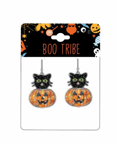 Pumpkin Cat Halloween Earrings Perspective: front
