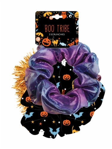Orange Black and Purple Tinsel Halloween Scrunchies - 3 Pack Perspective: front