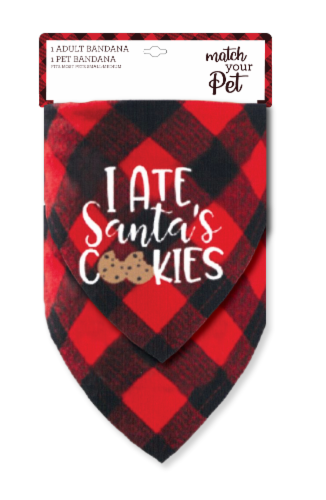 Match Your Pet Buffalo Plaid/ Santa Cookies Owner and Pet Bandana Set Perspective: front