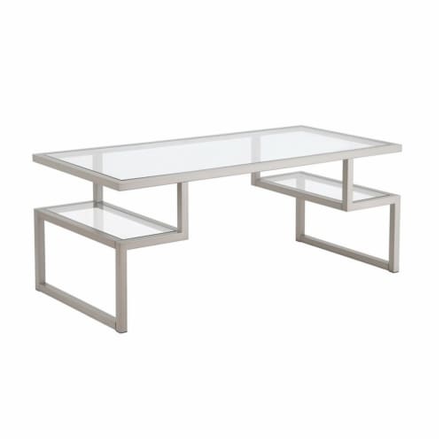 Pemberly Row Metal Satin Nickel and Gray Coffee Table with Glass Top Perspective: front