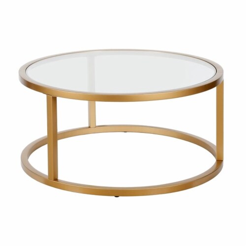Pemberly Row Metal Round Pedastal Base Coffee Table in Gold and Brass Finish Perspective: front