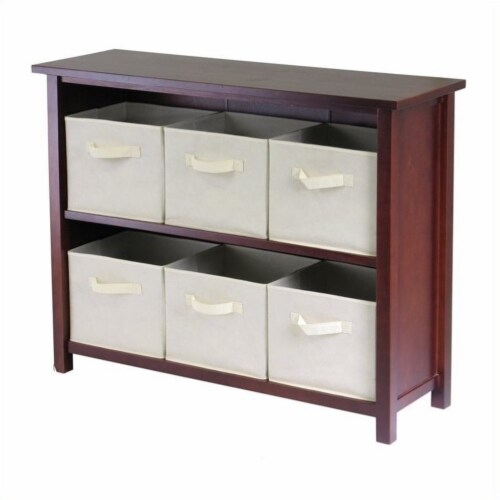 Pemberly Row 3-Tier Long Storage Shelf with 6 Foldable Beige Fabric Baskets Perspective: front