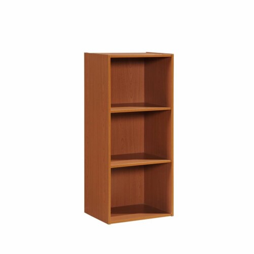 Pemberly Row Three Shelf Wooden Bookcase in Cherry Finish Perspective: front