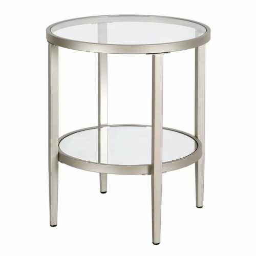 Pemberly Row Double Shelf Metal Round Side Table in Nickel and