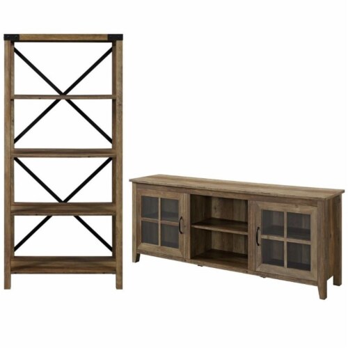 Home Square 2 Piece Set with Wood TV Stand and X Bookcase in Rustic Oak Perspective: front