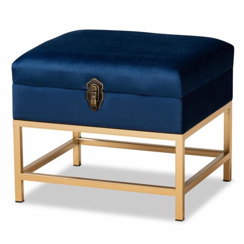 Bowery Hill Navy Blue Fabric and Gold Finished Metal Ottoman Perspective: front