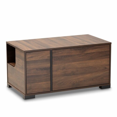 Bowery Hill Modern Walnut Brown Finished 2-Door Cat Litter Box Cover House Perspective: front