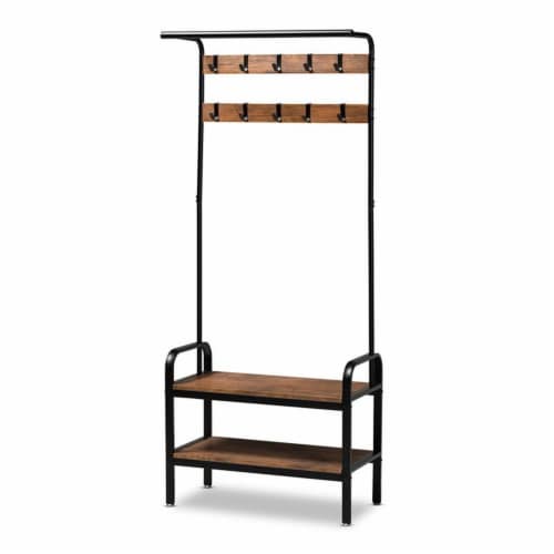 Bowery Hill Distressed Wood and Black Metal Finished Entryway Hall Tree Perspective: front