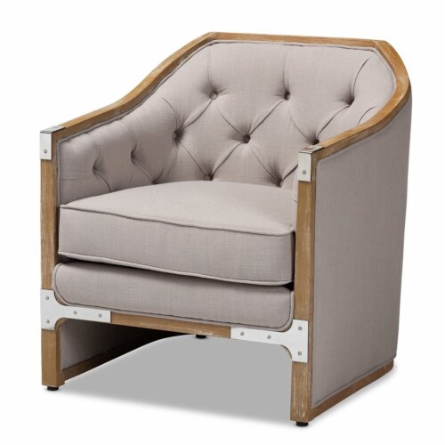 Bowery Hill Fabric and White Washed Oak Wood Accent Chair in Gray-Beige Perspective: front