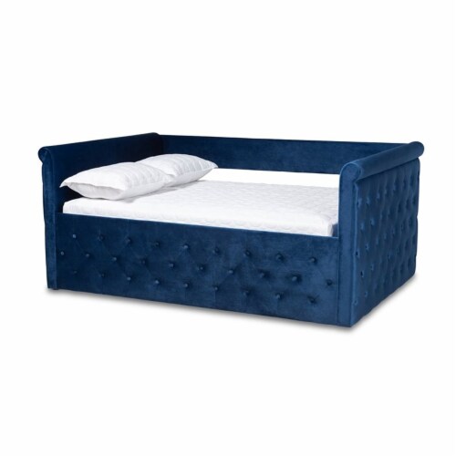 Bowery Hill Mid-Century Velvet and Wood Full Daybed in Navy Blue Perspective: front