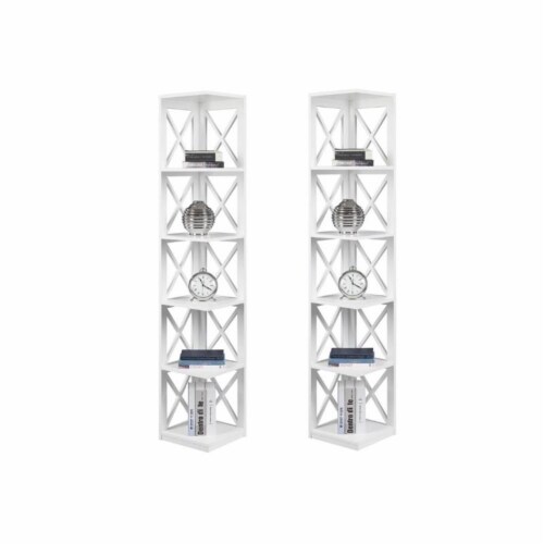 Home Square 5 Shelf Wood Corner Bookcase Set in White (Ste of 2) Perspective: front