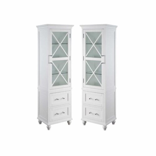 Home Square 2 Drawer Linen Tower Cabinet Set in White (Set of 2) Perspective: front
