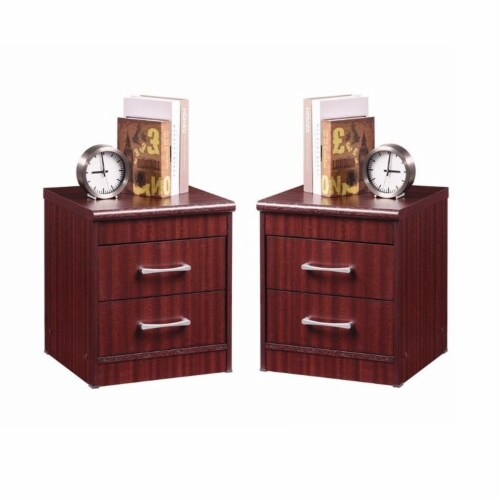 Home Square Contemporary 2 Drawer Wooden Nightstand Set in Mahogany (Set of 2) Perspective: front