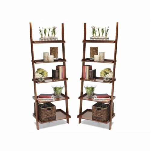 Home Square 2 Piece Ladder Wood Bookshelf Set in Cherry, 1 Food 4 Less