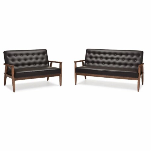 Home Square 2 Piece Faux Leather Sofa Set with Tufted Sofa and Loveseat in Brown Perspective: front