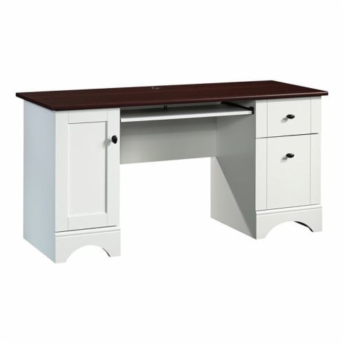Pemberly Row Coastal Wood Computer Desk in Soft White and Cherry