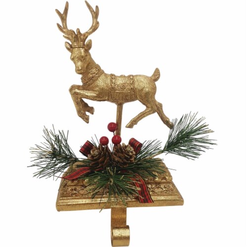 1-Stocking Resin Mantle Gold Prancer Stocking Holder XN6060618DIB Perspective: front