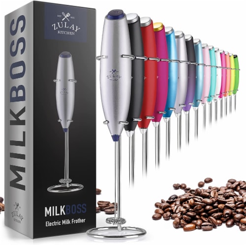 Zulay Kitchen Classic Milk Frother With Stand - Pop Silver/Dark Blue Perspective: front