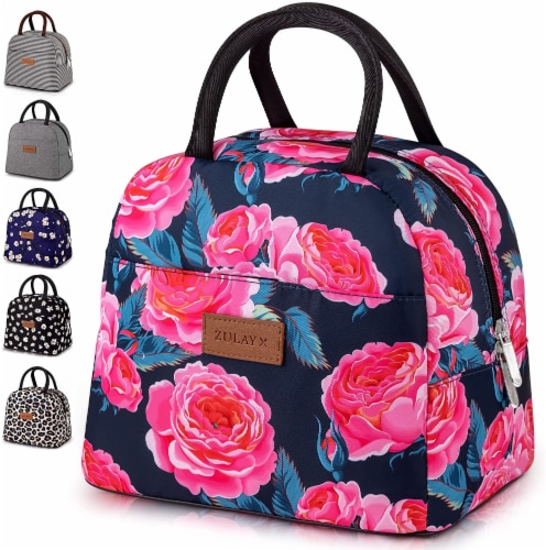 Insulated Lunch Box With Soft Padded Handles - Navy Pink Rose, 1