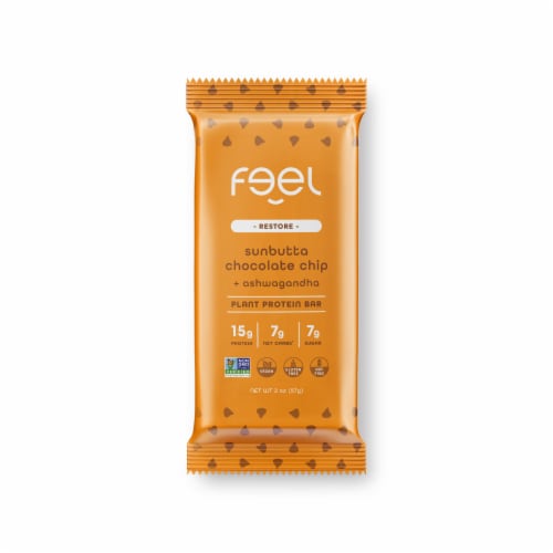 FEEL Restore Sunbutta Chocolate Chip + Ashwagandha Plant Protein Bar Perspective: front