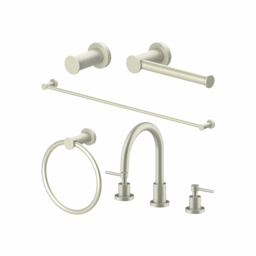 Package with Faucet, Towel Rail, Hook, Ring and Toliet Paper Holder in Brushed Nickel Perspective: front