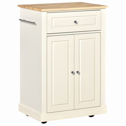 Modern Rolling Kitchen Island Storage Cart w/ Drawer & Adjustable Shelf, White Perspective: front