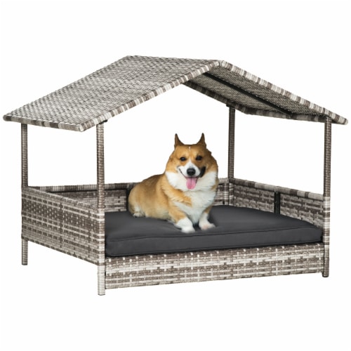 Elevated Wicker Dog House Raised Rattan Pet Bed Cabana w Cushion