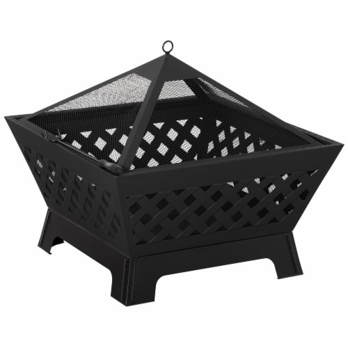 Outdoor Fire Pit Bonfire w/Spark Screen Lid & Poker Backyard Patio, Black Perspective: front