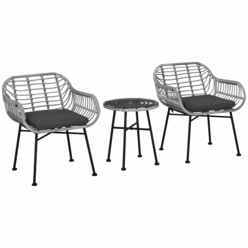 3-Piece Rattan Bistro Outdoor Table & Chairs Furniture Patio Set, Garden, Grey Perspective: front