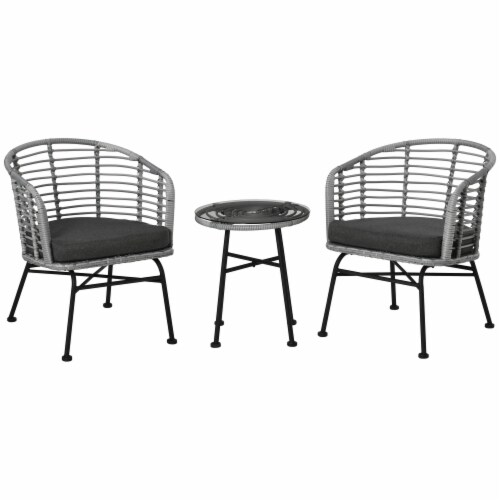 3-Piece Rattan Bistro Outdoor Table & Chairs Furniture Patio Set, Garden, Grey Perspective: front