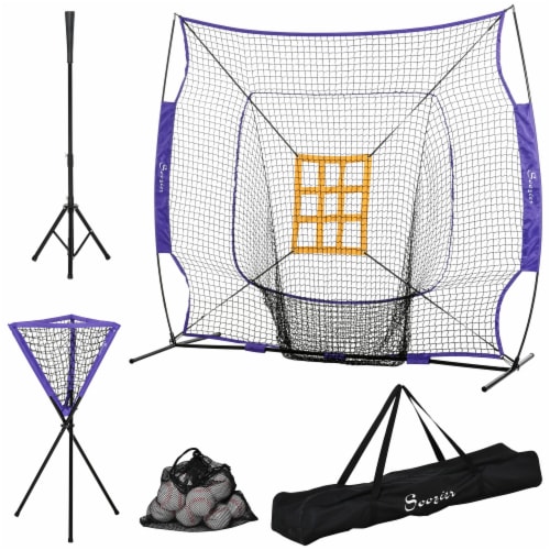 Outdoor Batting Practice Set w/ 120 Ball Collector & Beginner Tee Stand, Purple Perspective: front