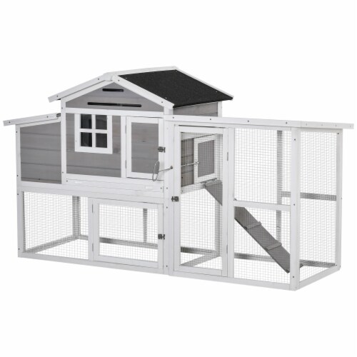 76  Wooden Chicken Coop Hen House with Outdoor Run Nesting Box Slide-out Tray Perspective: front