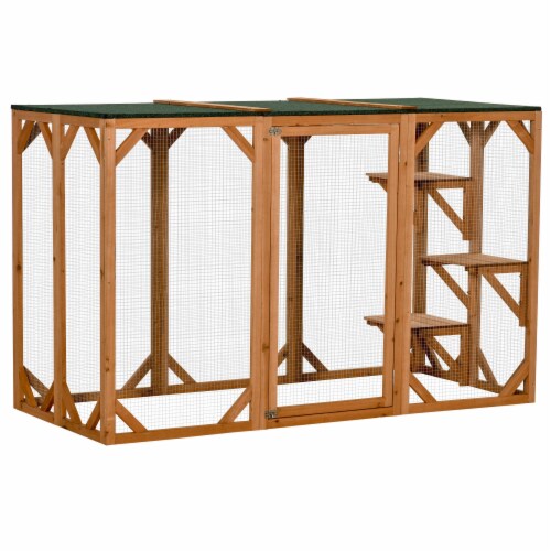 Cat Cage Wooden Pet Enclosure with Waterproof Roof, Platforms, Lock, Orange Perspective: front