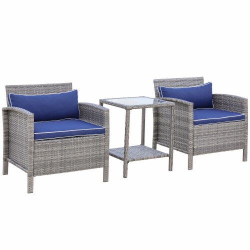 3pc Patio Bistro Set Rattan Wicker Furniture, 2 Armchairs, Table, Shelf, Blue Perspective: front