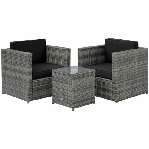 3pc Patio Bistro Set Rattan Wicker Furniture, 2 Armchairs, Table, Black Perspective: front