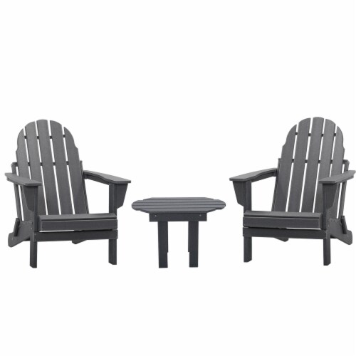 3pc Outdoor Folding Patio Furniture Set, 2 Adirondack Chairs, Table, Dark Grey Perspective: front